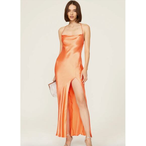 Bec & Bridge Dress Womens 6 Orange Annika Gown Satin Slip Open Back Slit - Picture 1 of 15